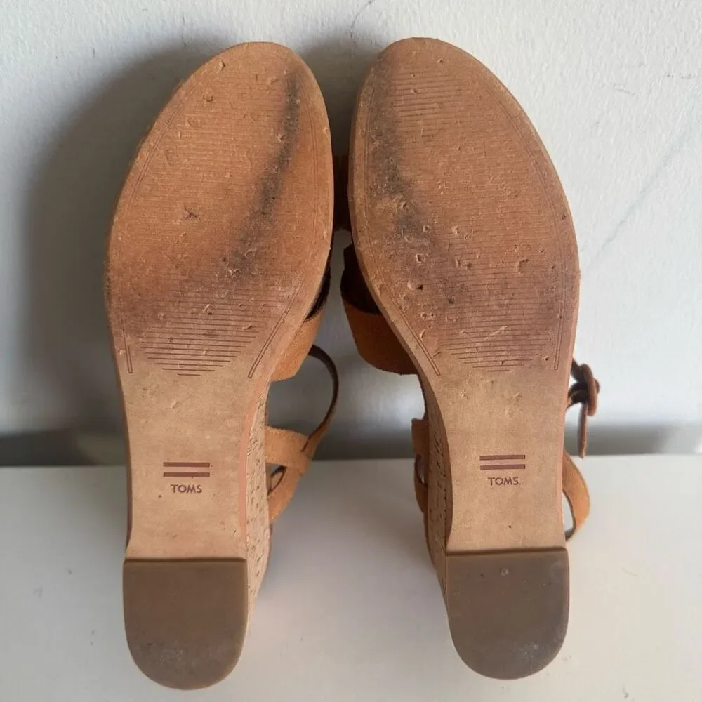 TOMS Suede Criss Cross Platform Cork Sandals Size 9.5 Tan